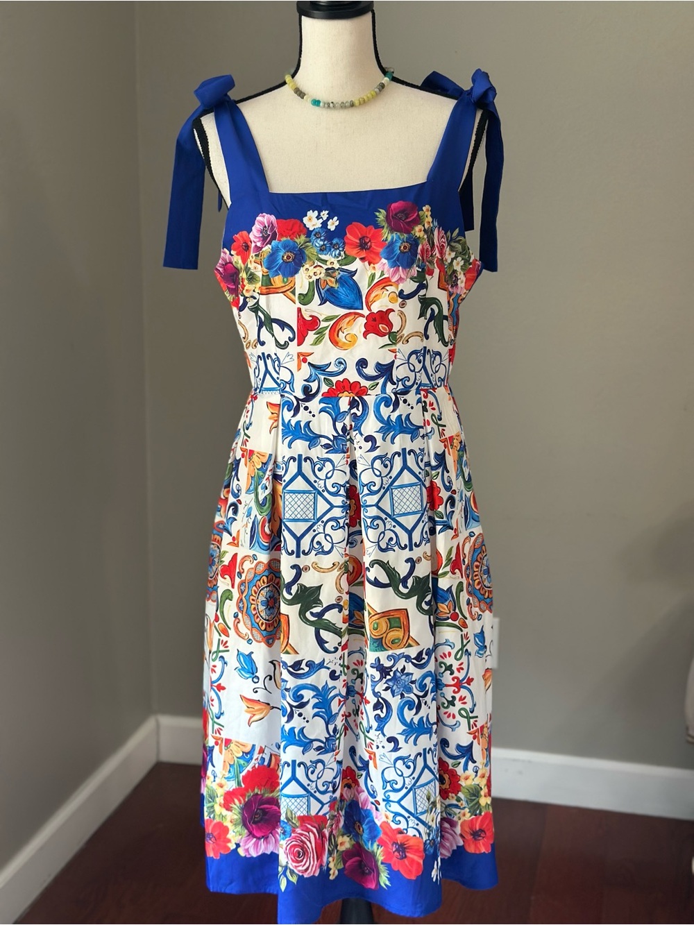 Dalia Blue & White Floral European Tile-Print Midi Dress with Bow Tie Shoulders